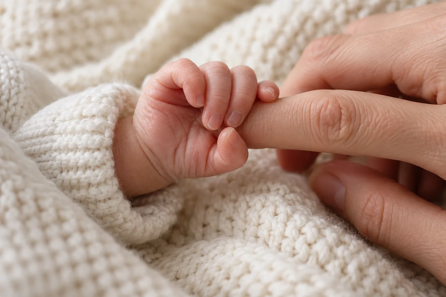 A newborn's hand holding an adult's finger